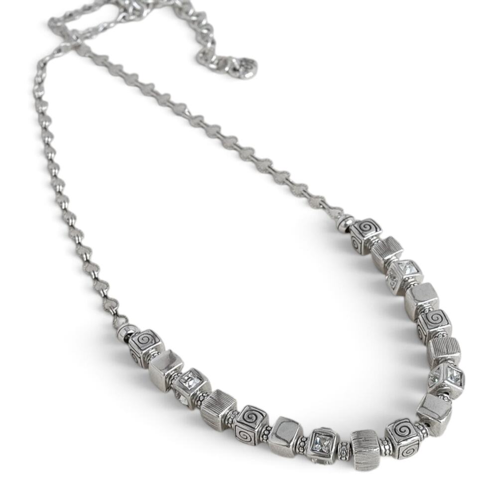 Brighton Cube Beaded Necklace Etched Rhinestone Crystal Silver Plated Design